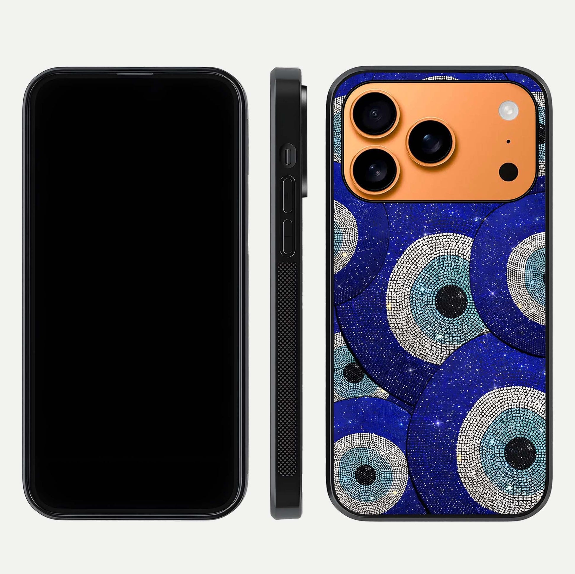 Galaxy Eye Flow Glass Case for iPhone 17 Pro Max front and back view layout displaying cosmic art and curved glass borders