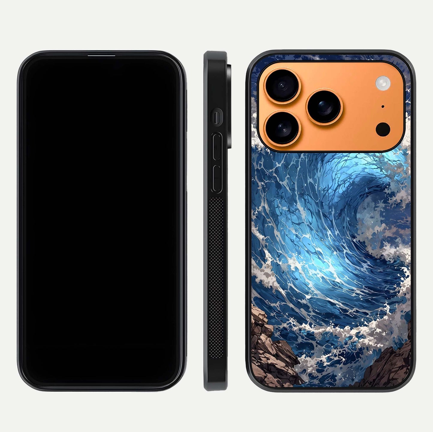 Giant Ocean Wave Glass Case for iPhone 17 Pro Max front and back view layout displaying sea tones and smooth curved edges