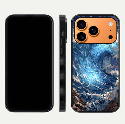 Giant Ocean Wave Glass Case for iPhone 17 Pro Max front and back view layout displaying sea tones and smooth curved edges
