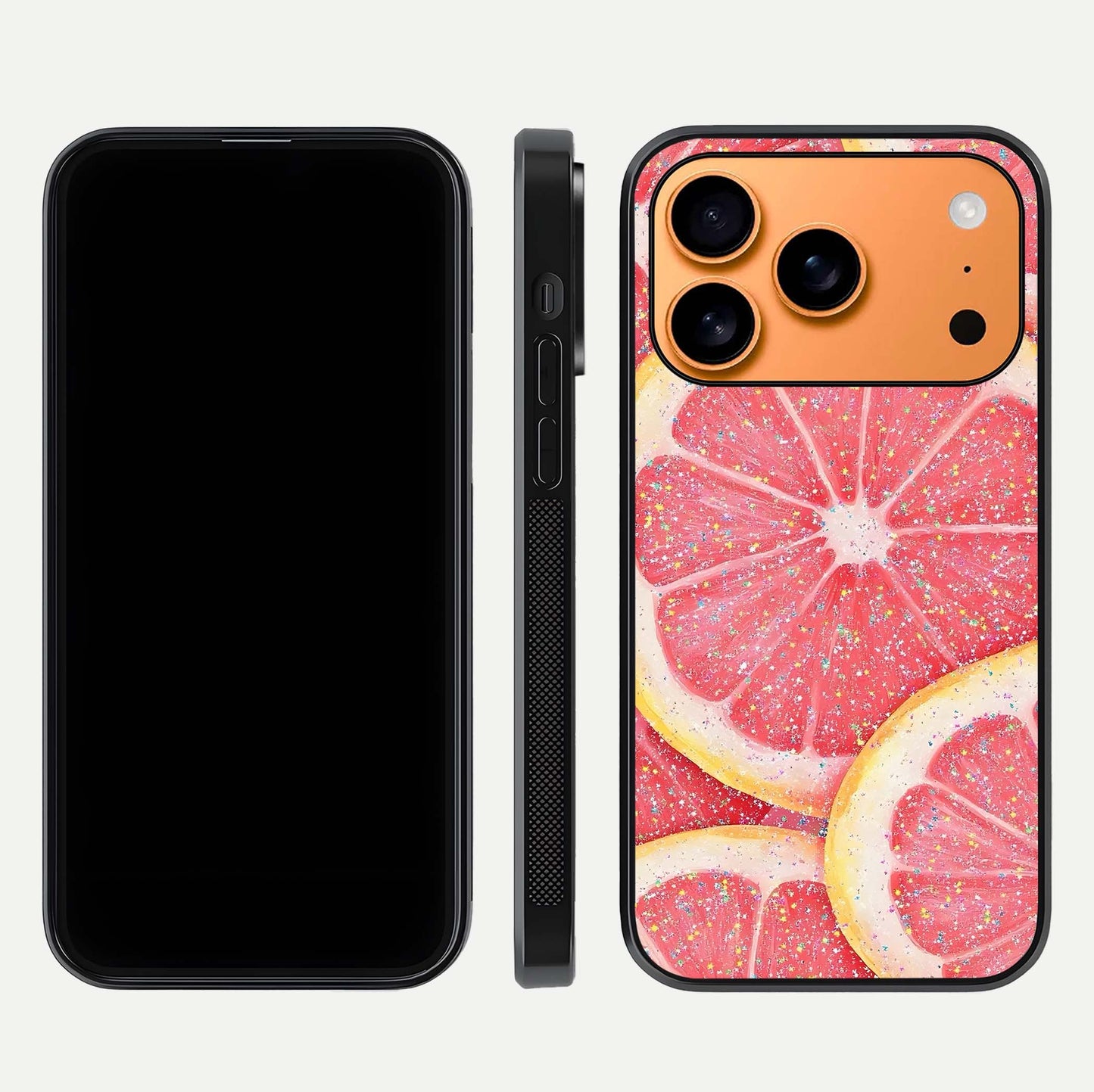 Glitter Grapefruit Glass Case for iPhone 17 Pro Max front and back view layout highlighting citrus hues and smooth glass