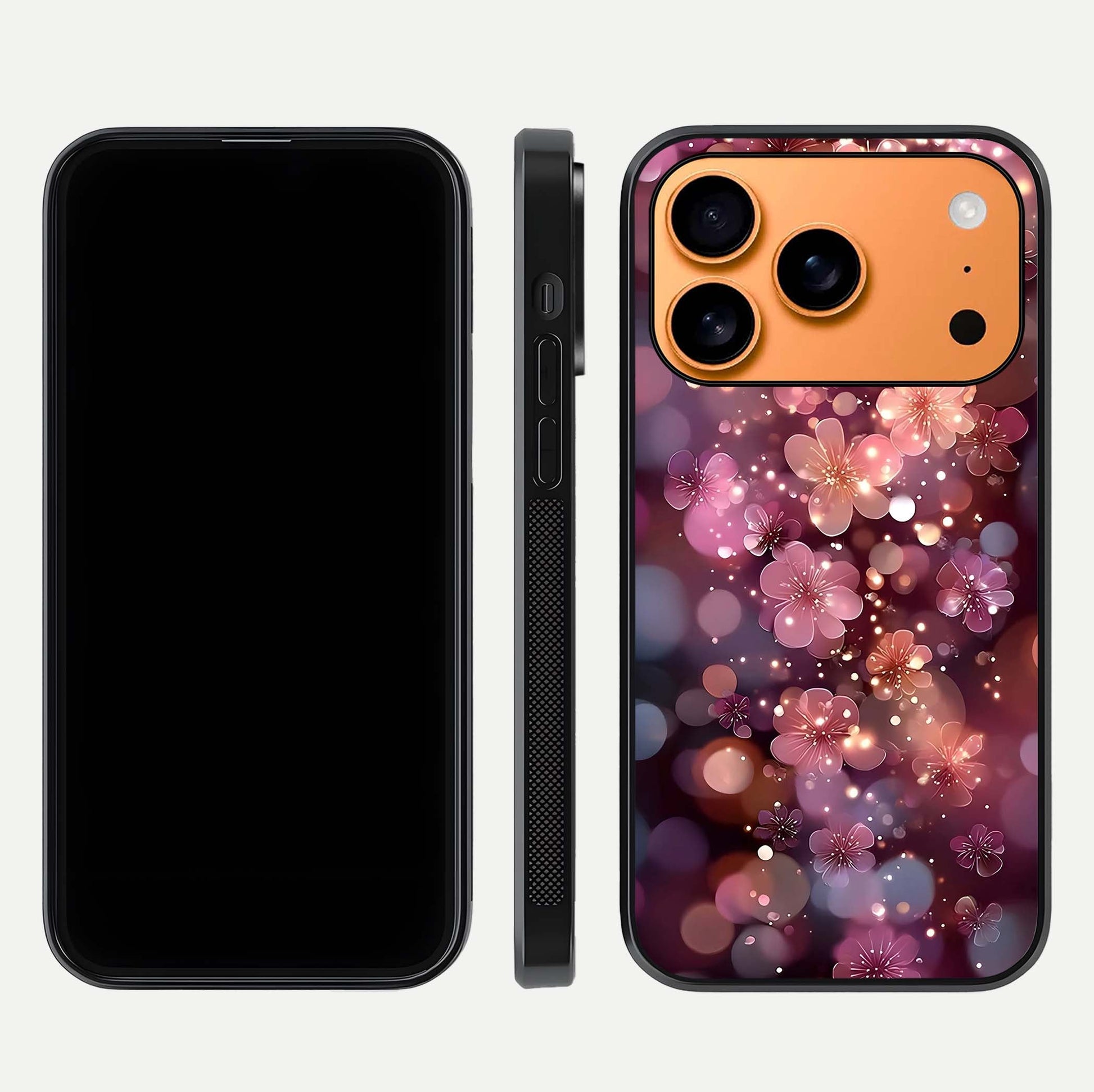 Glowing Petal Bliss Glass Case for iPhone 17 Pro Max front and back view layout displaying artistic floral design and curved glass