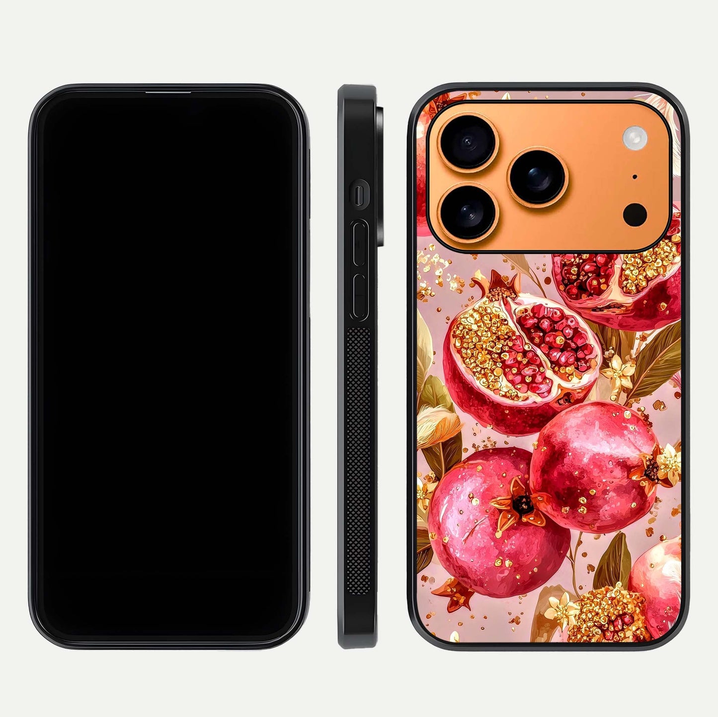 Golden Bloom Glow Glass Case for iPhone 17 Pro Max front and back view layout highlighting luxury floral pattern and curved edges
