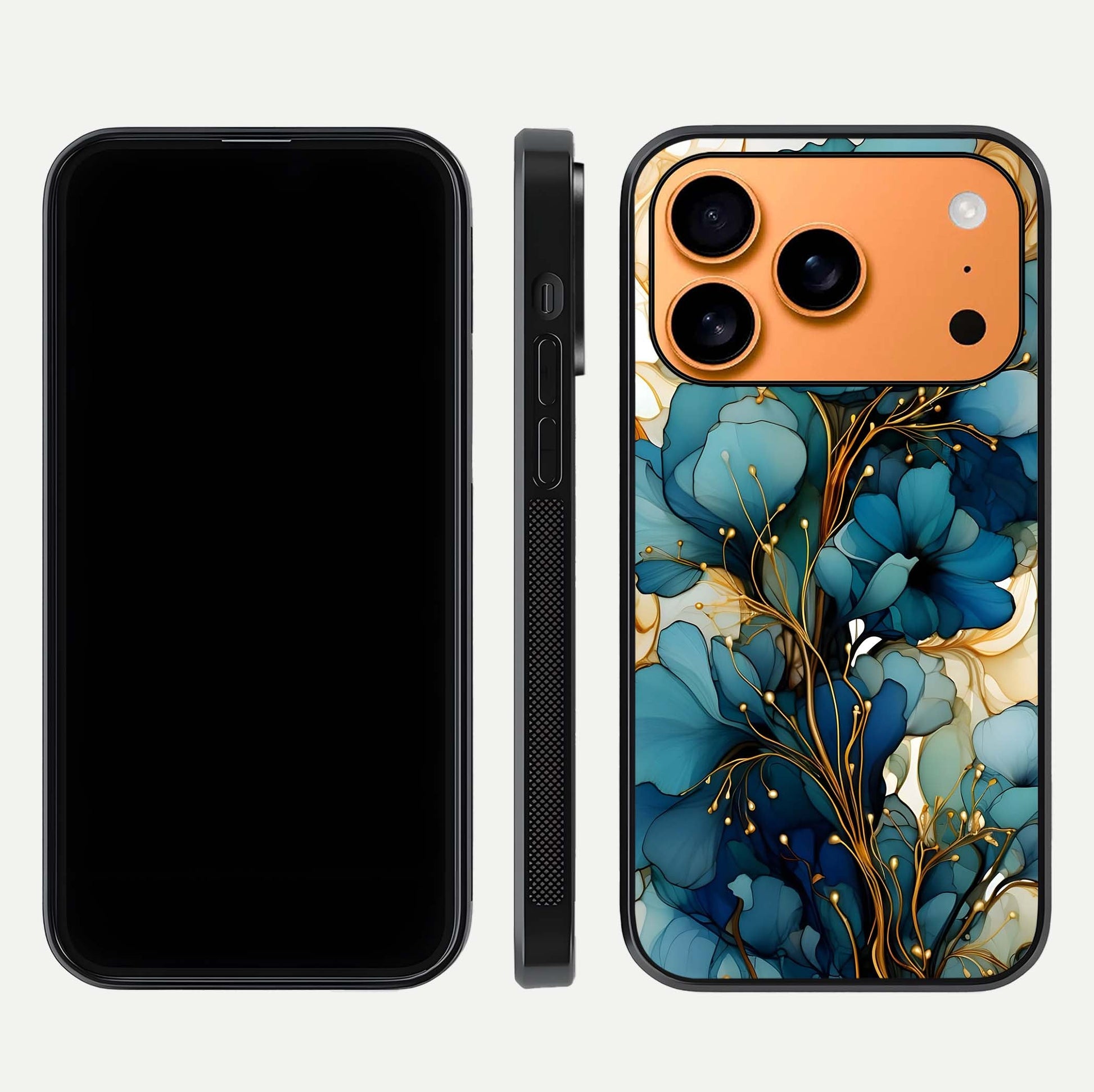 Golden Bloom Symphony Glass Case for iPhone 17 Pro Max front and back view layout highlighting rich floral tones and curved glass edges