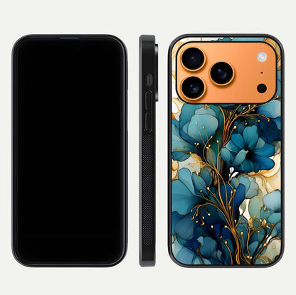 Golden Bloom Symphony Glass Case for iPhone 17 Pro Max front and back view layout highlighting rich floral tones and curved glass edges