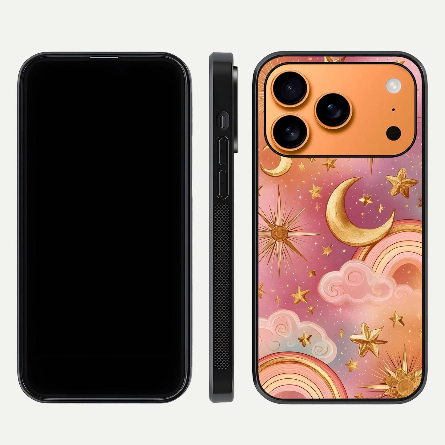 Golden Celestial Dreams Glass Case for iPhone 17 Pro Max front and back view layout highlighting celestial motifs and smooth curved edge