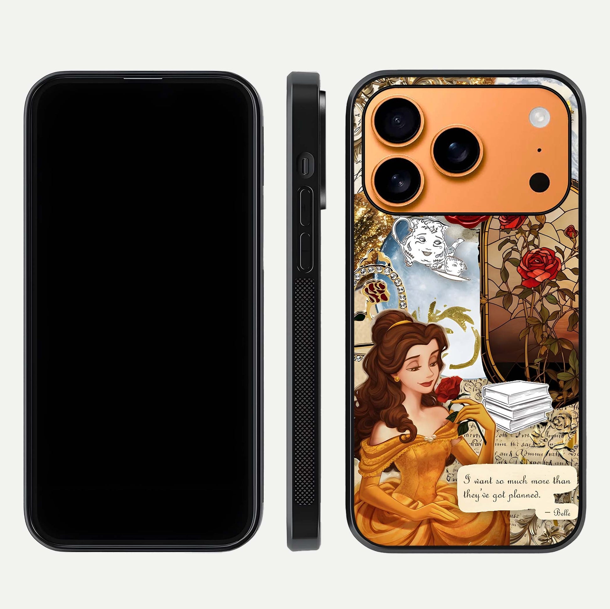 Golden Dream Belle Glass Case for iPhone 17 Pro Max front and back view layout displaying dreamy golden theme and smooth curvature