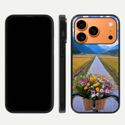 Golden Field Journey Glass Case for iPhone 17 Pro Max front and back view layout highlighting natural gradient and smooth glass finish