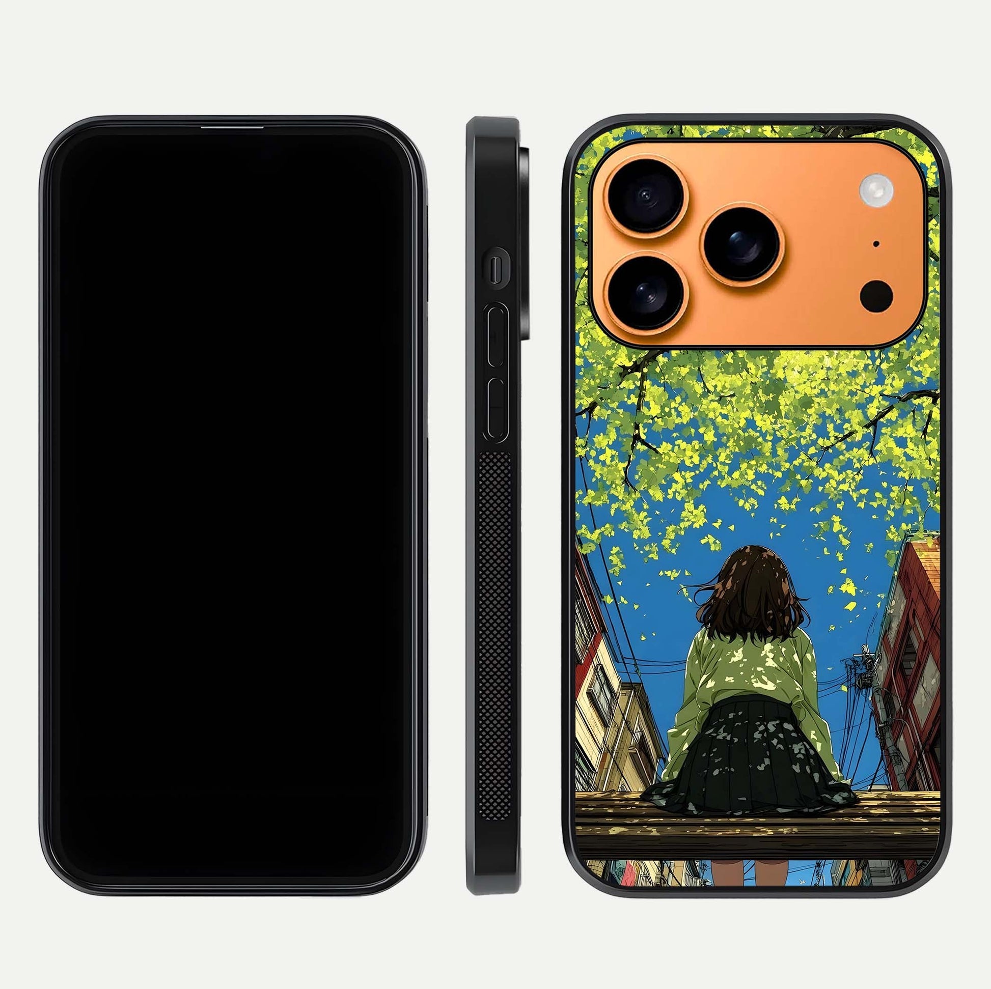 Golden Leaves Glow Glass Case for iPhone 17 Pro Max front and back view layout highlighting glowing tones and curved edges
