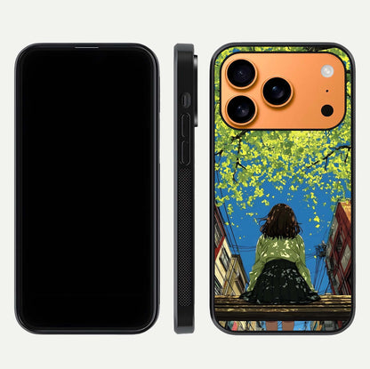 Golden Leaves Glow Glass Case for iPhone 17 Pro Max front and back view layout highlighting glowing tones and curved edges