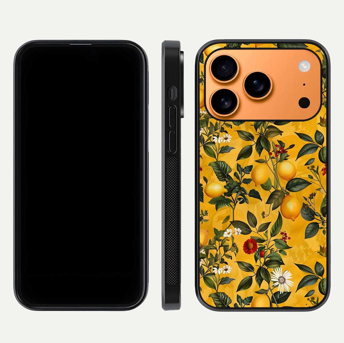 Golden Lemon Field Glass Case for iPhone 17 Pro Max front and back view layout highlighting fruity tones and curved glass edges