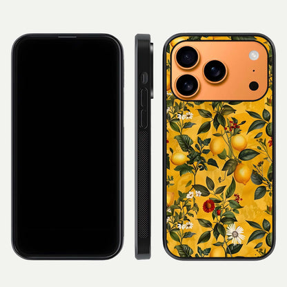 Golden Lemon Field Glass Case for iPhone 17 Pro Max front and back view layout highlighting fruity tones and curved glass edges