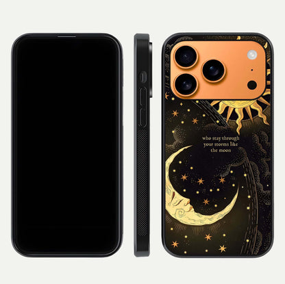 Golden Lunar Love Glass Case for iPhone 17 Pro Max front and back view layout highlighting celestial tones and curved edges
