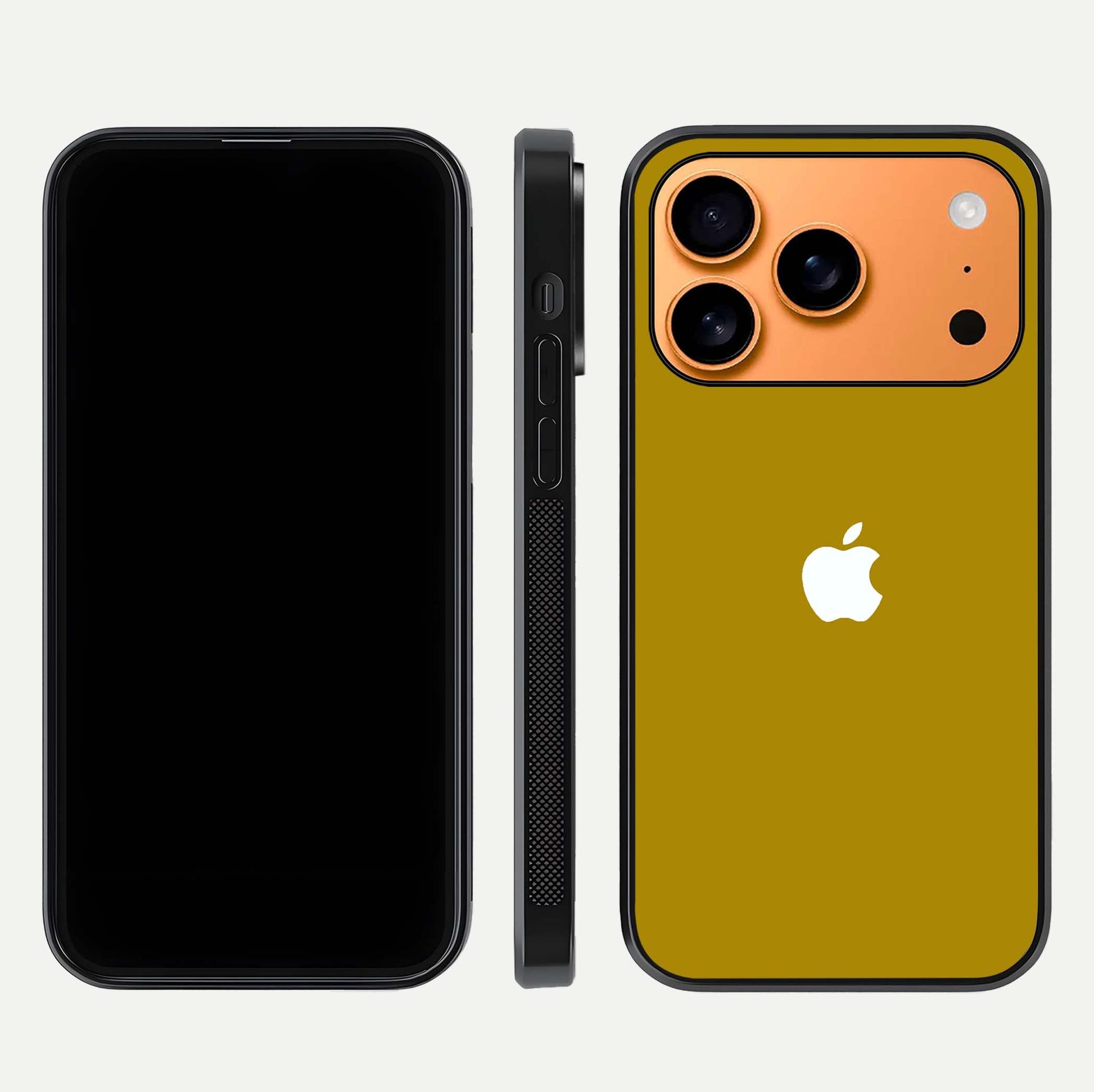 Golden Luxe Aura Glass Case for iPhone 17 Pro Max front and back view layout highlighting premium tone and curved glass