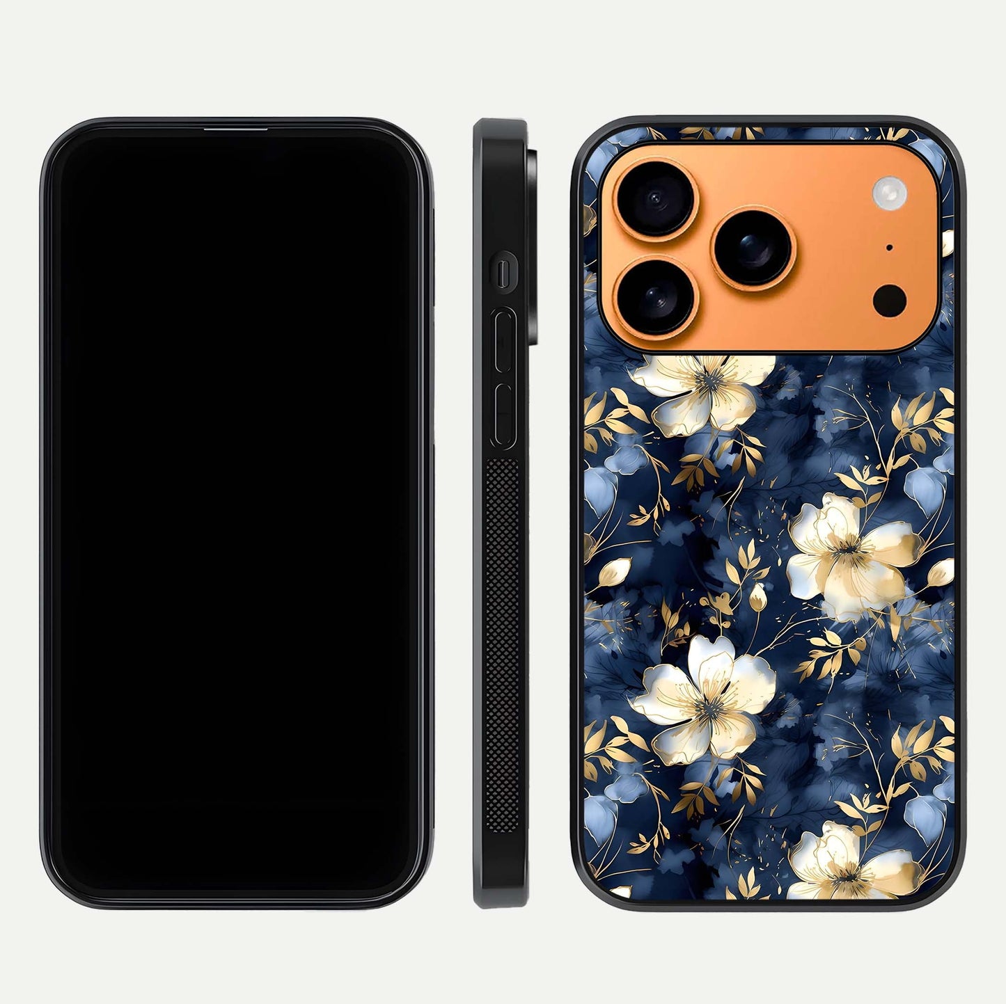 Golden Midnight Bloom Glass Case for iPhone 17 Pro Max front and back view layout highlighting dark-gold tones and smooth curves