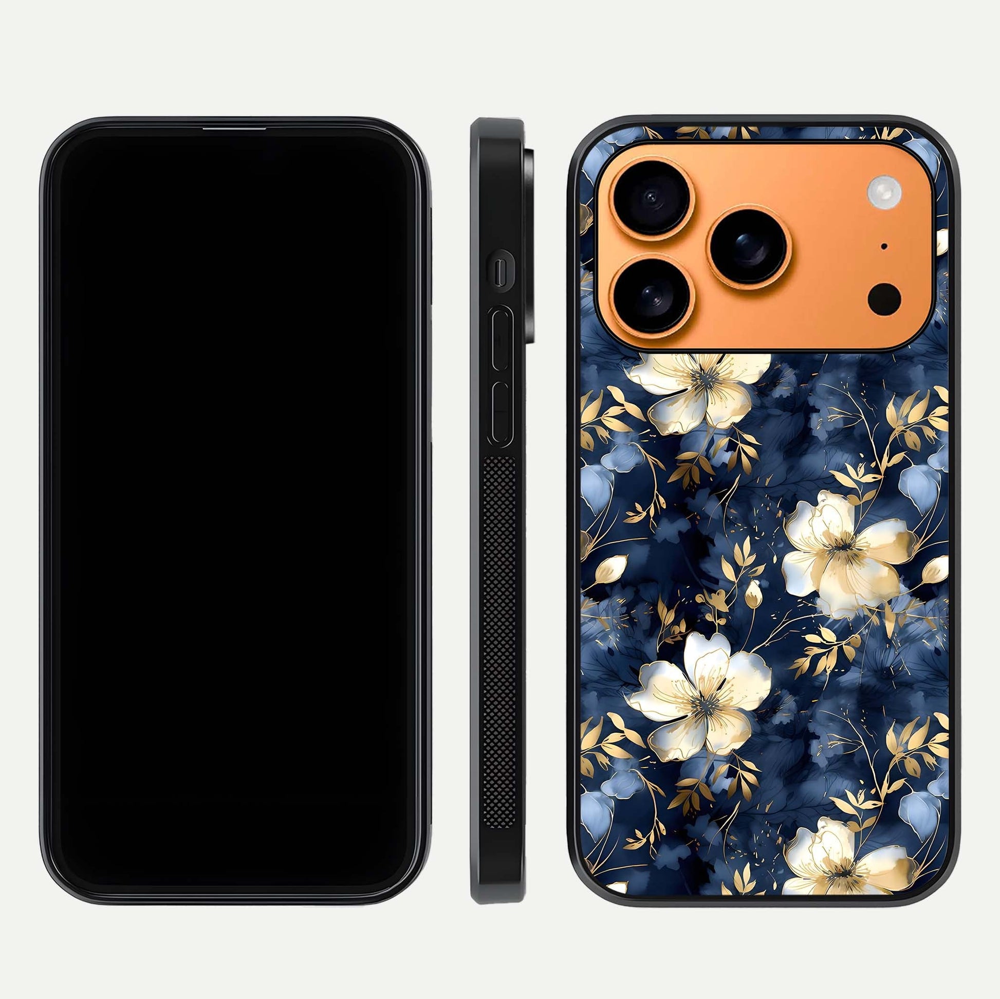 Golden Midnight Bloom Glass Case for iPhone 17 Pro Max front and back view layout highlighting dark-gold tones and smooth curves