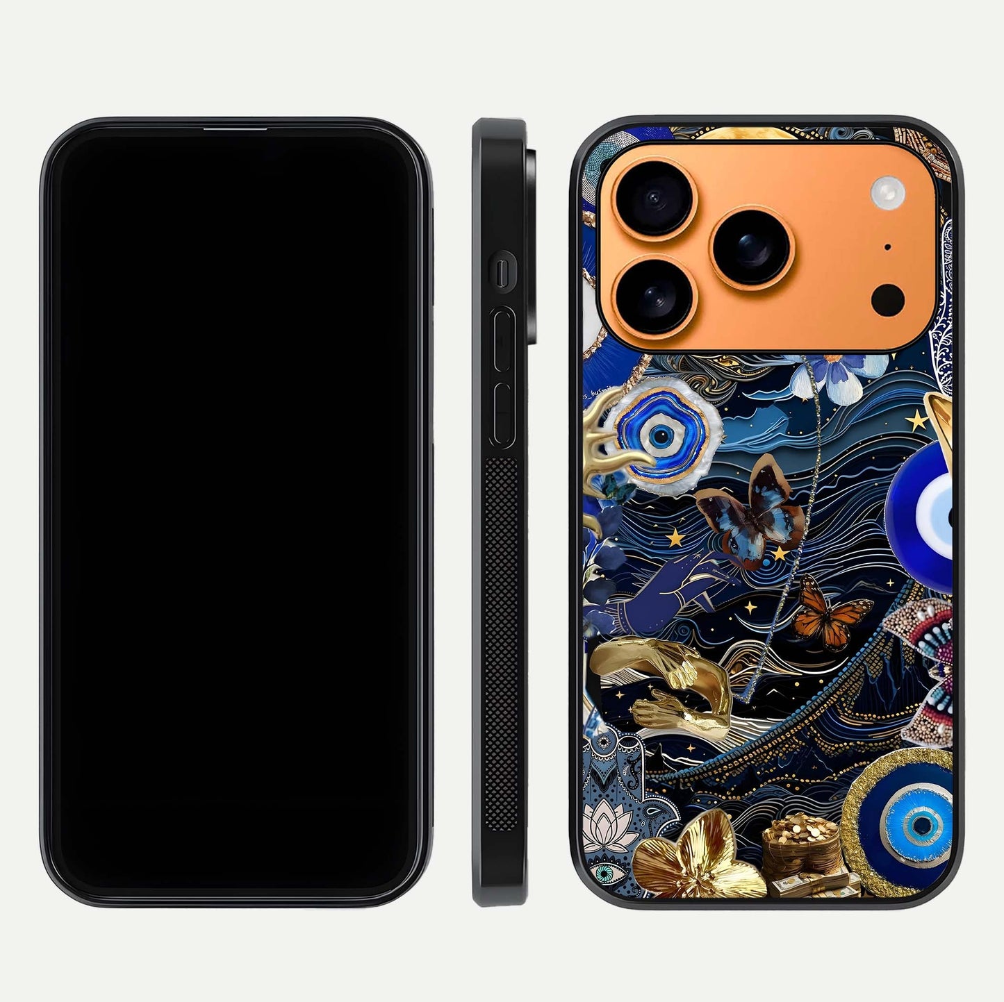 Golden Moon Magic Glass Case for iPhone 17 Pro Max front and back view layout highlighting celestial tones and curved glass