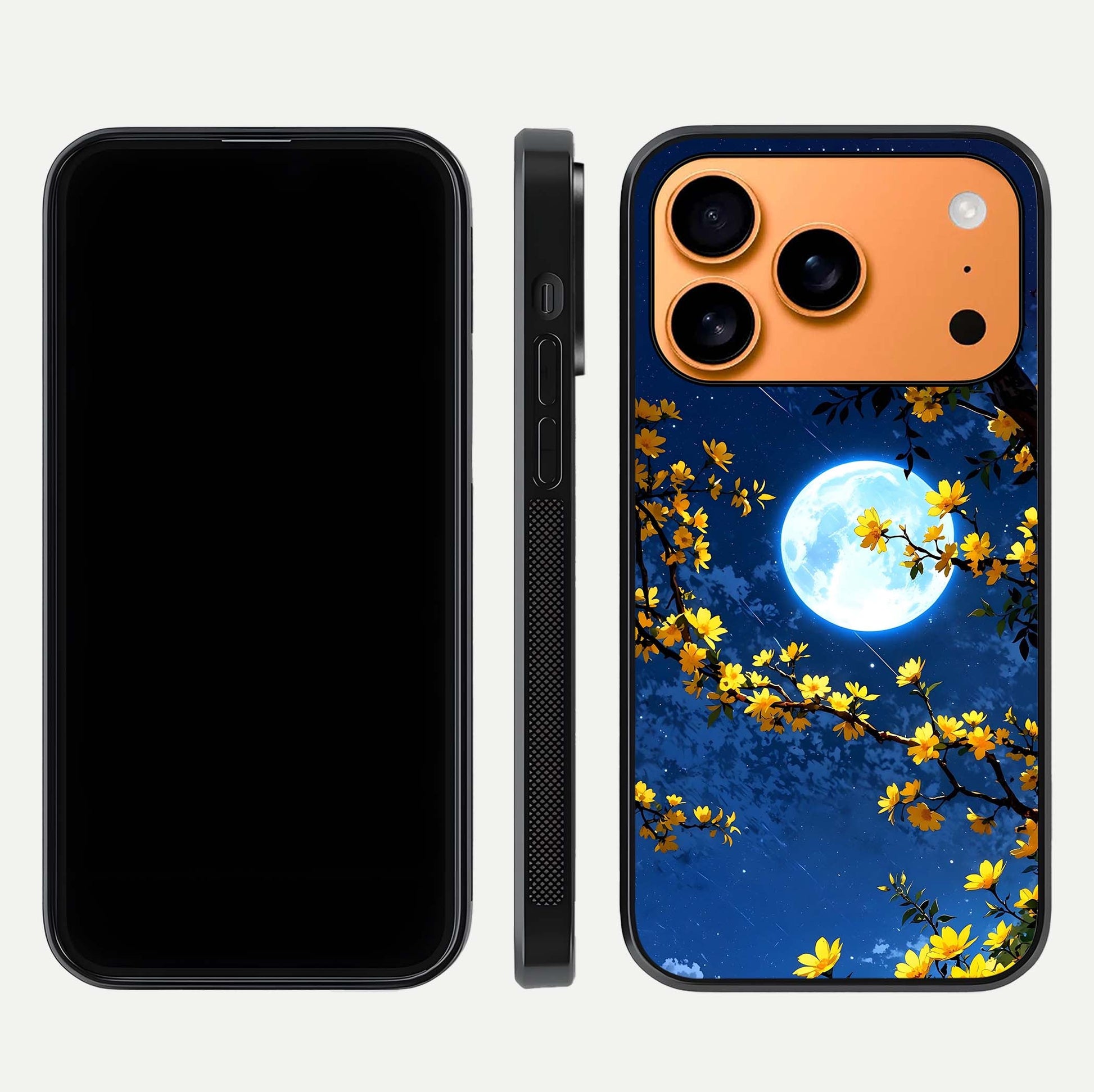 Golden Night Glow Glass Case for iPhone 17 Pro Max front and back view layout displaying metallic glow and curved glass edge