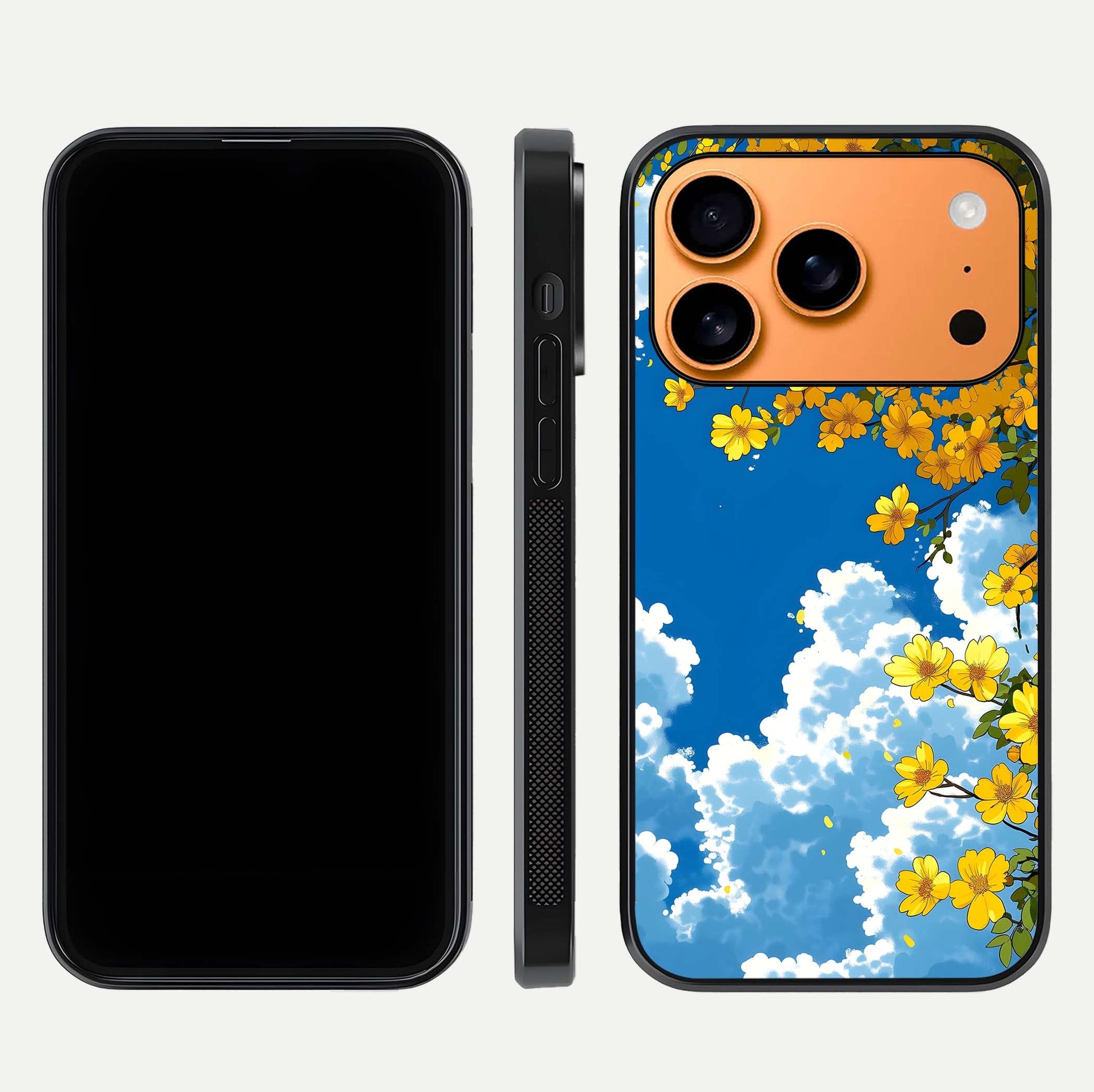 Golden Petal Sky Glass Case for iPhone 17 Pro Max front and back view layout highlighting floral pattern and curved glass edges