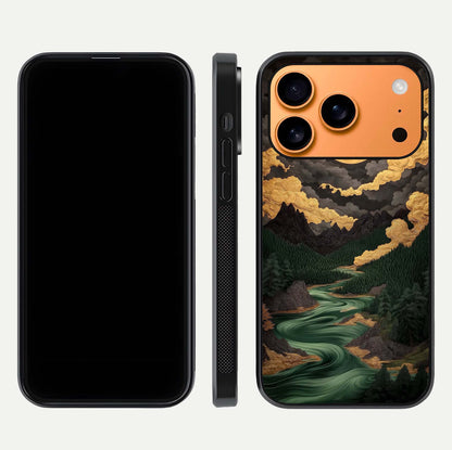 Golden River Moon Glass Case for iPhone 17 Pro Max front and back view layout displaying celestial glow and smooth curves