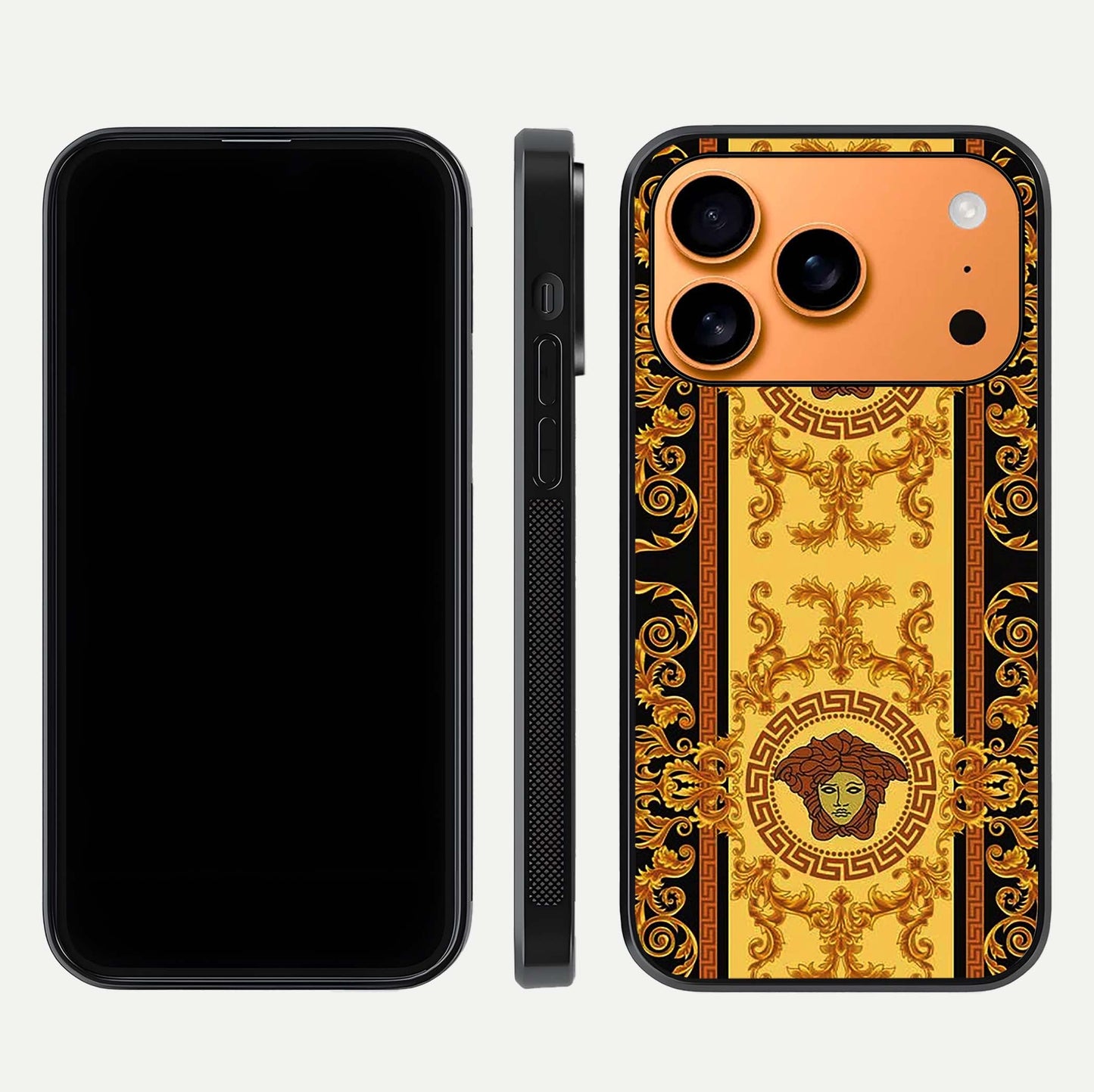 Golden Royal Heritage Glass Case for iPhone 17 Pro Max front and back view layout displaying ornate gold texture and curved edges