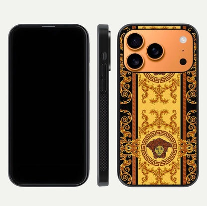 Golden Royal Heritage Glass Case for iPhone 17 Pro Max front and back view layout displaying ornate gold texture and curved edges