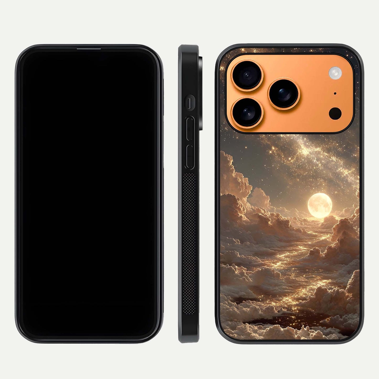 Golden Sky Dream Glass Case for iPhone 17 Pro Max front and back view layout highlighting celestial gold hues and curved glass