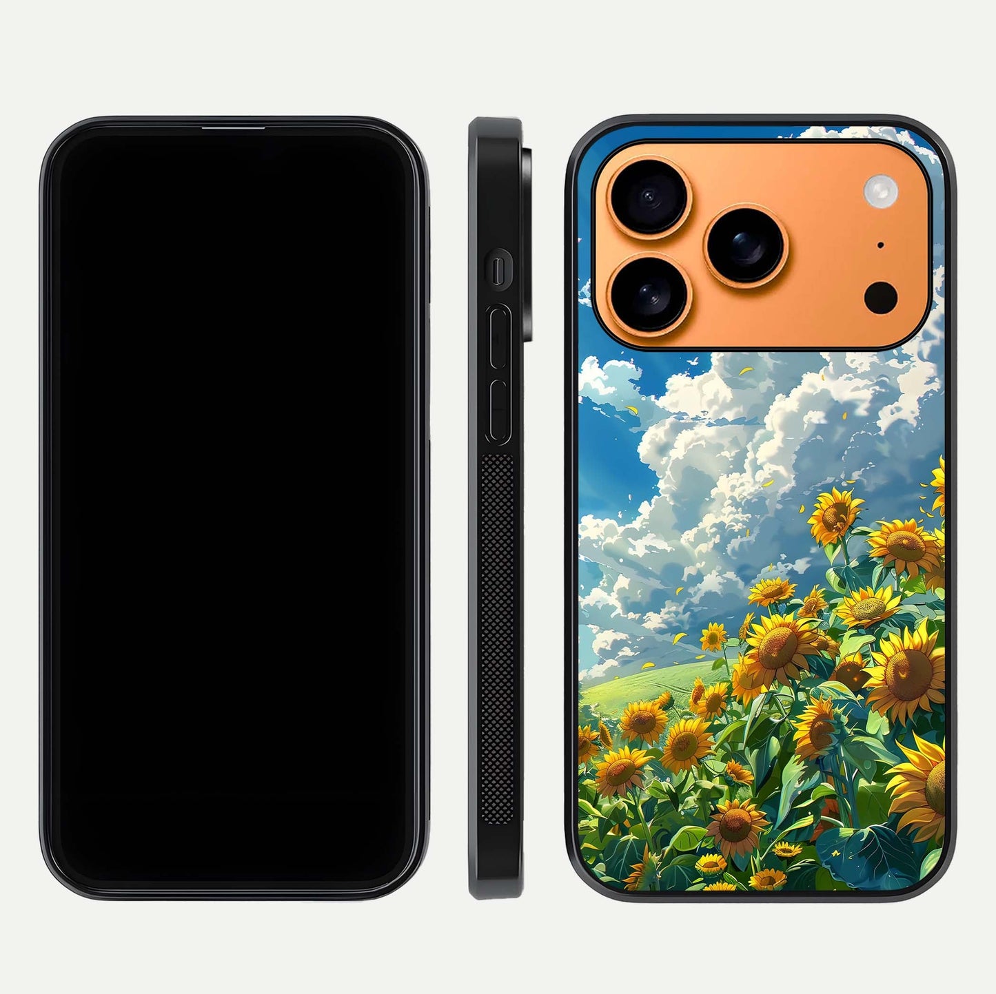 Golden Sun Glory Glass Case for iPhone 17 Pro Max front and back view layout displaying bright golden tones and curved edges