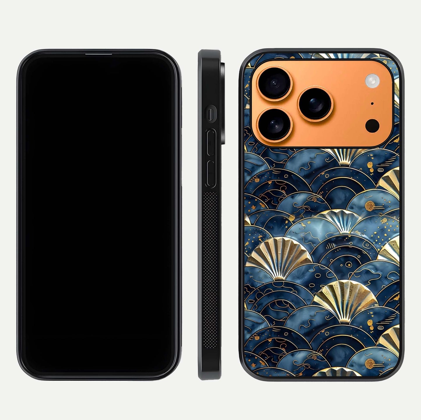 Golden Wave Luxe Glass Case for iPhone 17 Pro Max front and back view layout highlighting fluid gold design and curved glass