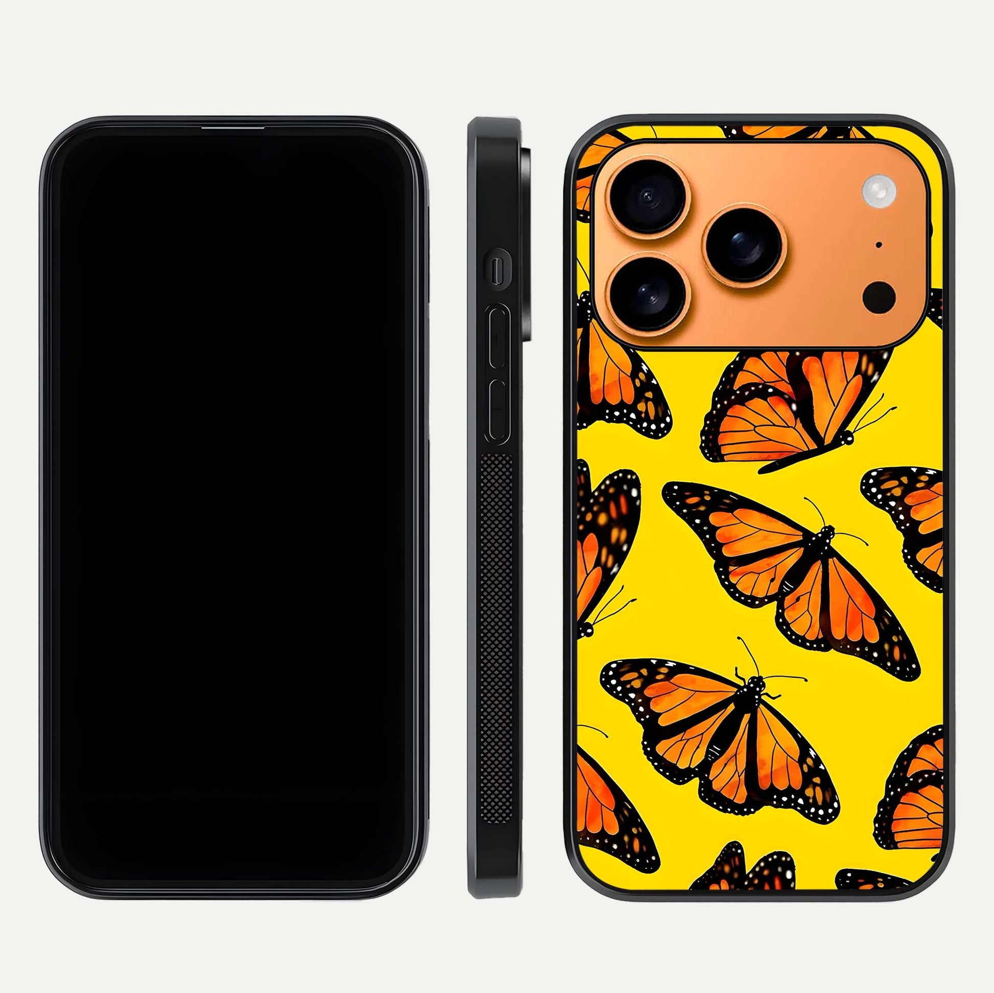 Golden Wing Flight Glass Case for iPhone 17 Pro Max front and back view layout highlighting graceful lines and curved glass