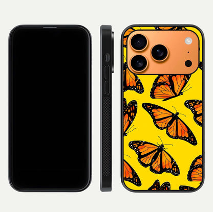 Golden Wing Flight Glass Case for iPhone 17 Pro Max front and back view layout highlighting graceful lines and curved glass