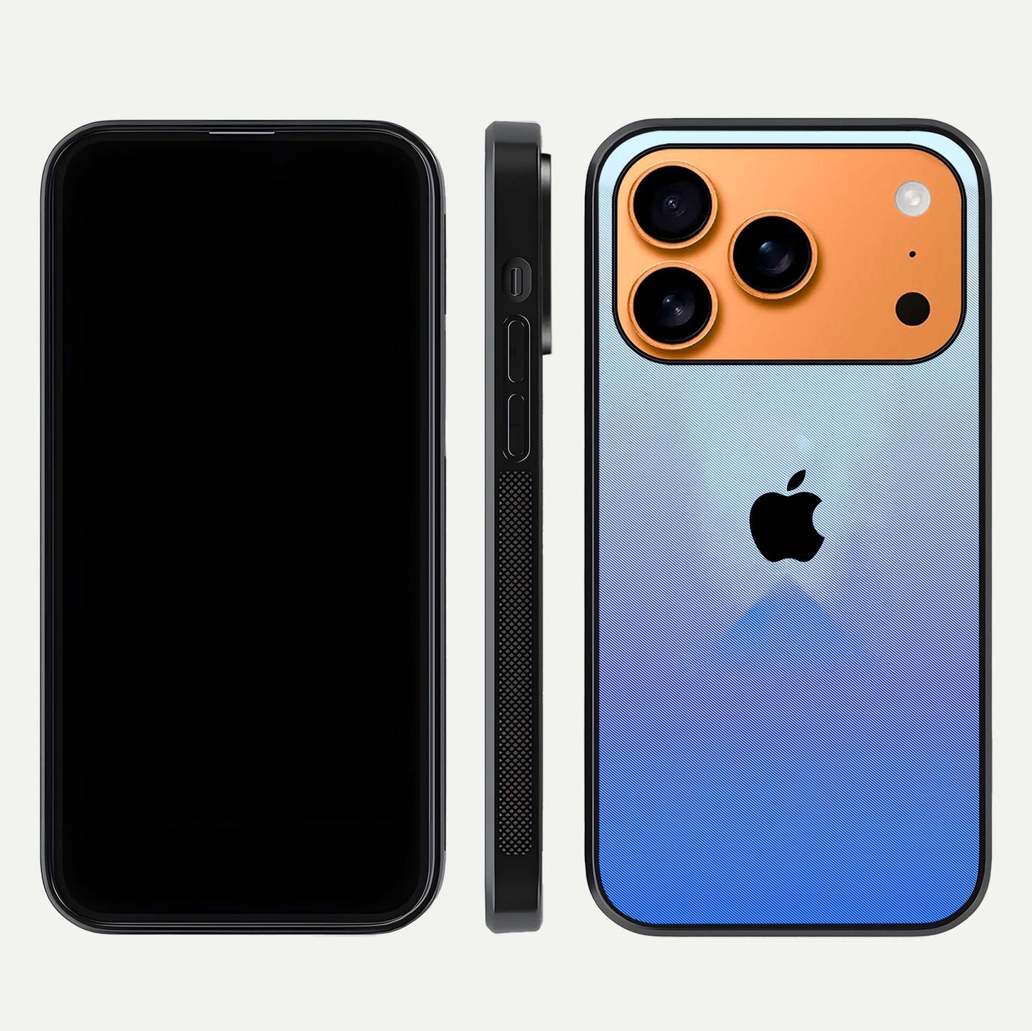 Gradient Apple Vibe Glass Case for iPhone 17 Pro Max front and back view layout highlighting minimalist Apple design and curved edges