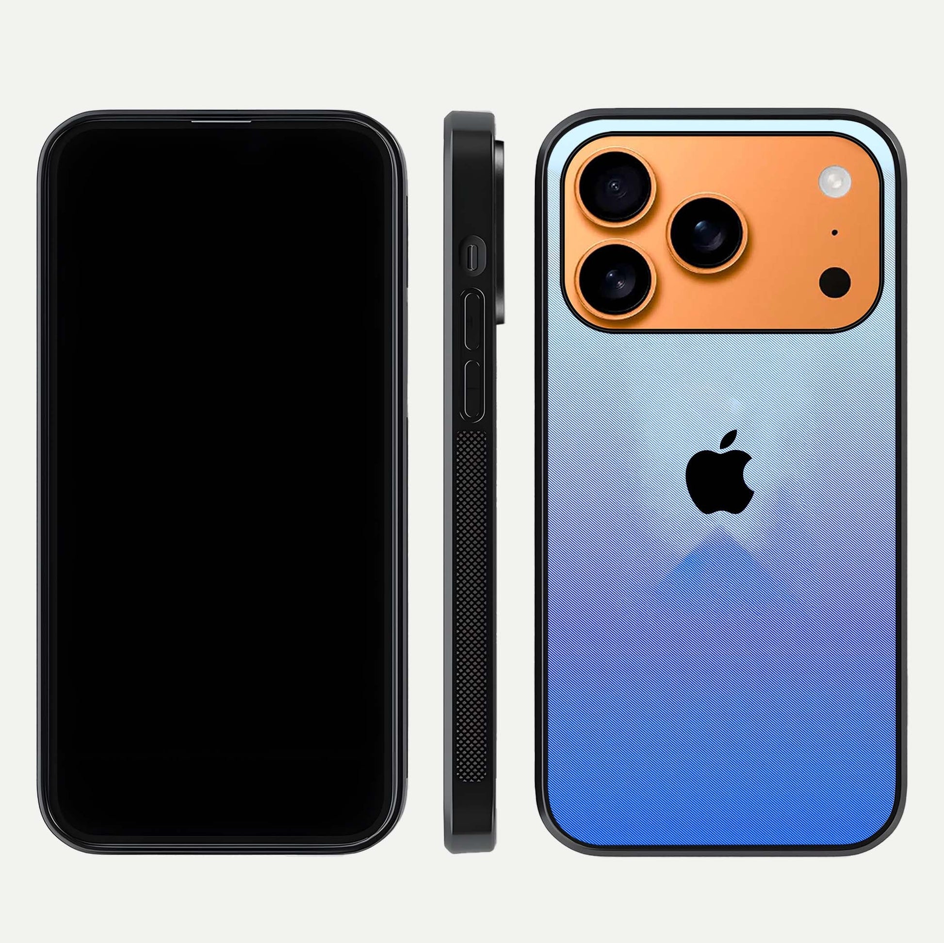 Gradient Apple Vibe Glass Case for iPhone 17 Pro Max front and back view layout highlighting minimalist Apple design and curved edges