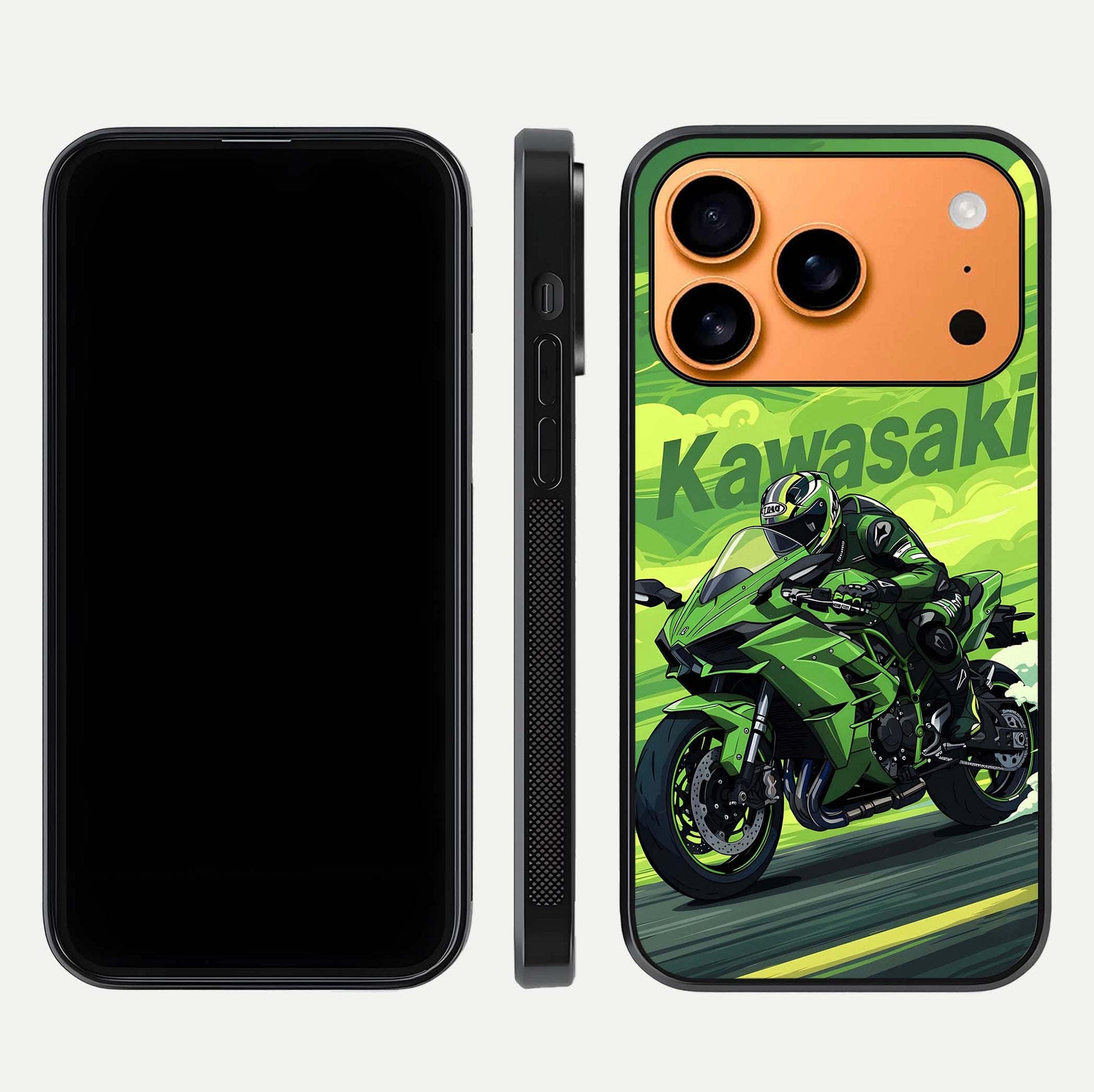 Green Kawasaki Glass Case for iPhone 17 Pro Max front and back view layout highlighting vivid green tones and curved glass edges