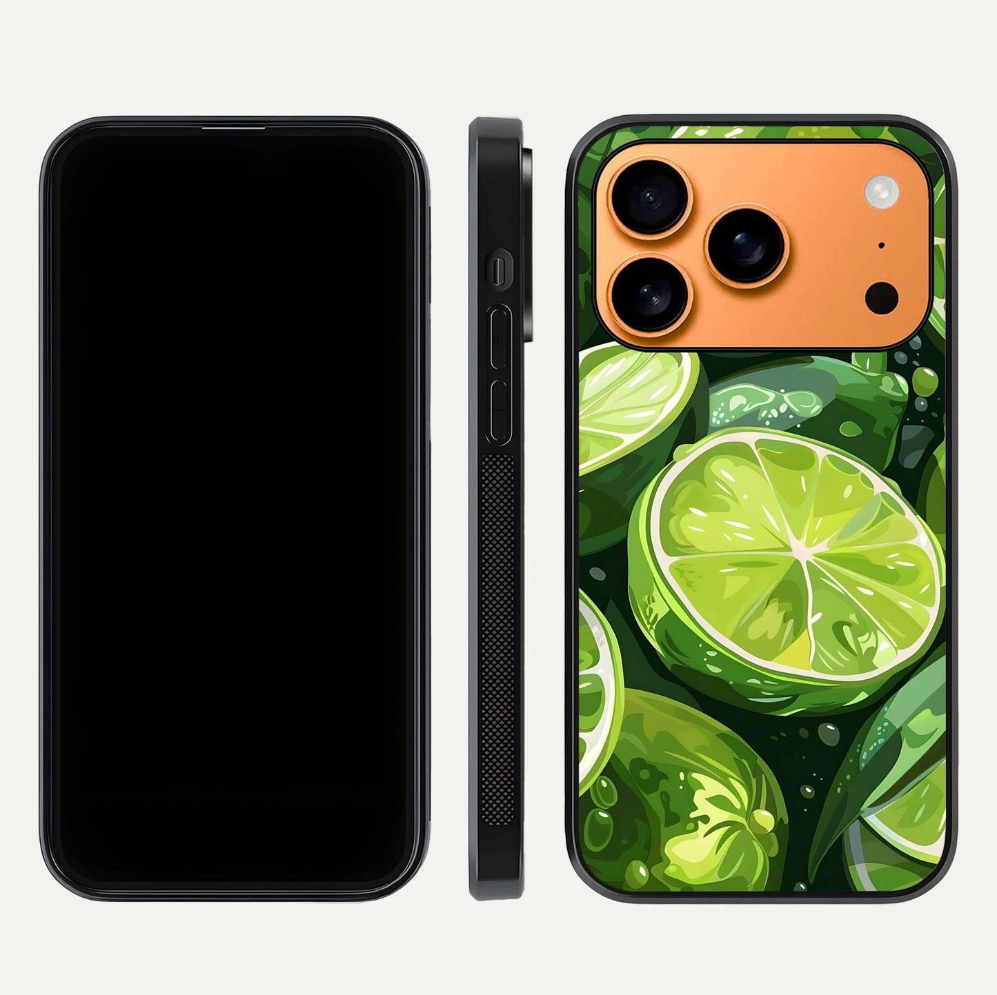 Green Lemon Glass Case for iPhone 17 Pro Max front and back view layout displaying vibrant yellow-green hues and smooth edges