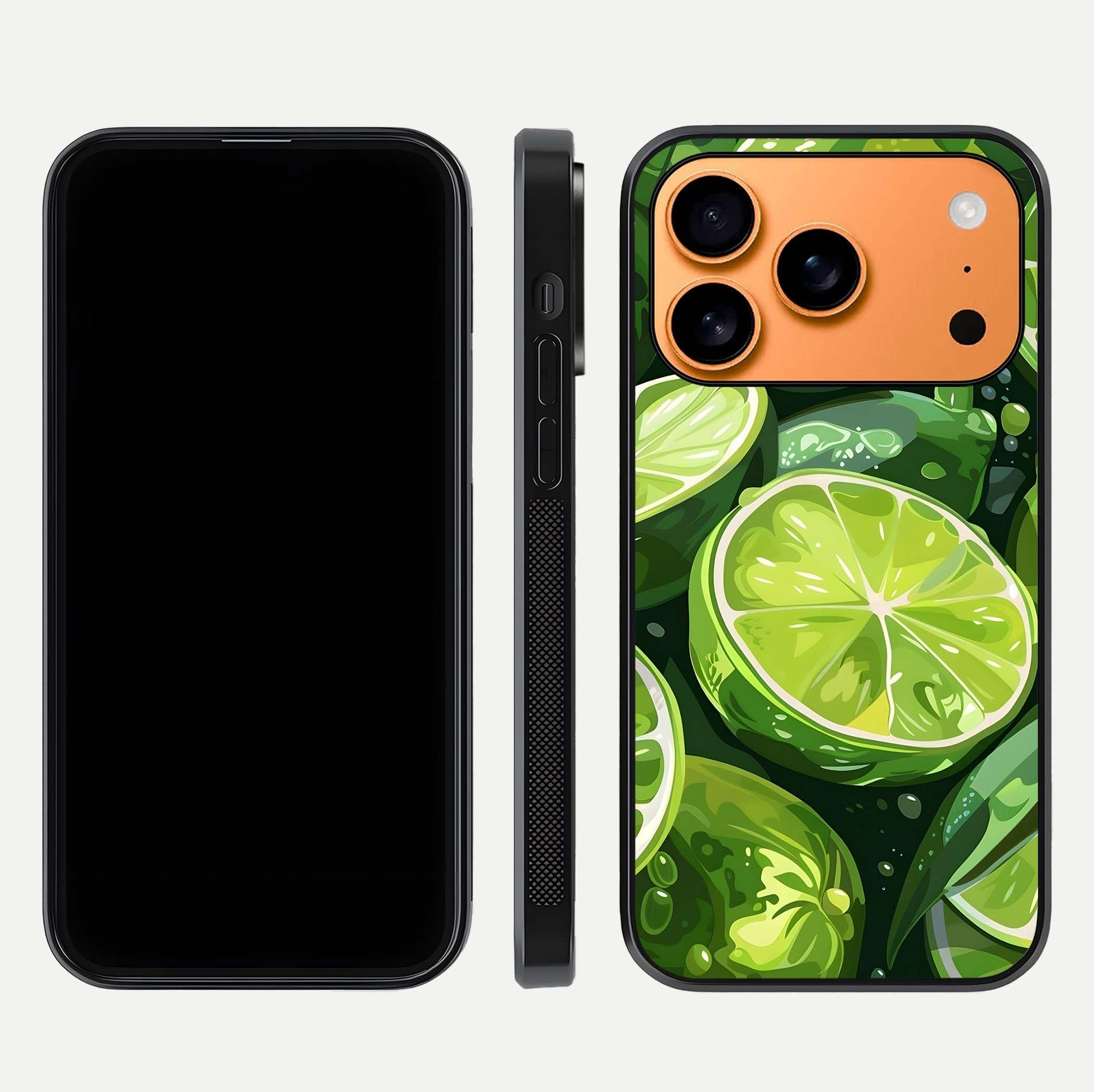 Green Lemon Glass Case for iPhone 17 Pro Max front and back view layout displaying vibrant yellow-green hues and smooth edges
