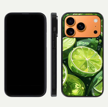 Green Lemon Glass Case for iPhone 17 Pro Max front and back view layout displaying vibrant yellow-green hues and smooth edges