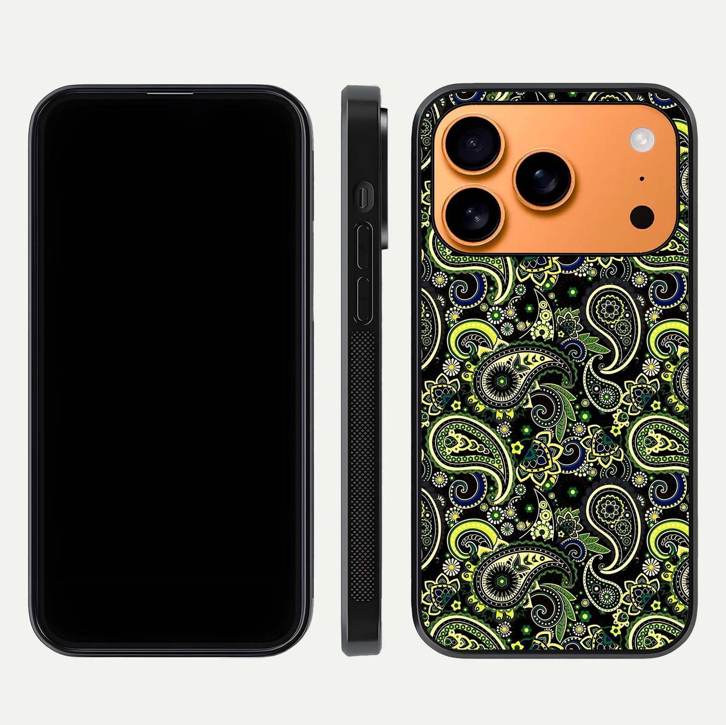 Green Mandala Pattern Glass Case for iPhone 17 Pro Max front and back view layout highlighting geometric art and curved glass