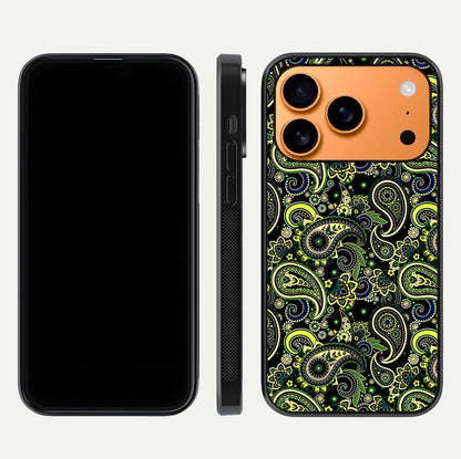 Green Mandala Pattern Glass Case for iPhone 17 Pro Max front and back view layout highlighting geometric art and curved glass