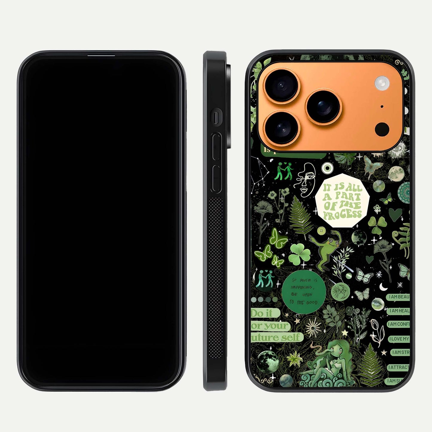 Green Moon Energy Glass Case for iPhone 17 Pro Max front and back view layout highlighting cosmic tones and smooth edges