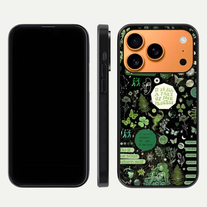 Green Moon Energy Glass Case for iPhone 17 Pro Max front and back view layout highlighting cosmic tones and smooth edges