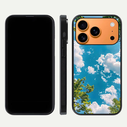 Greenery Sky Glass Case for iPhone 17 Pro Max front and back view layout displaying scenic green-blue gradient and curved edges