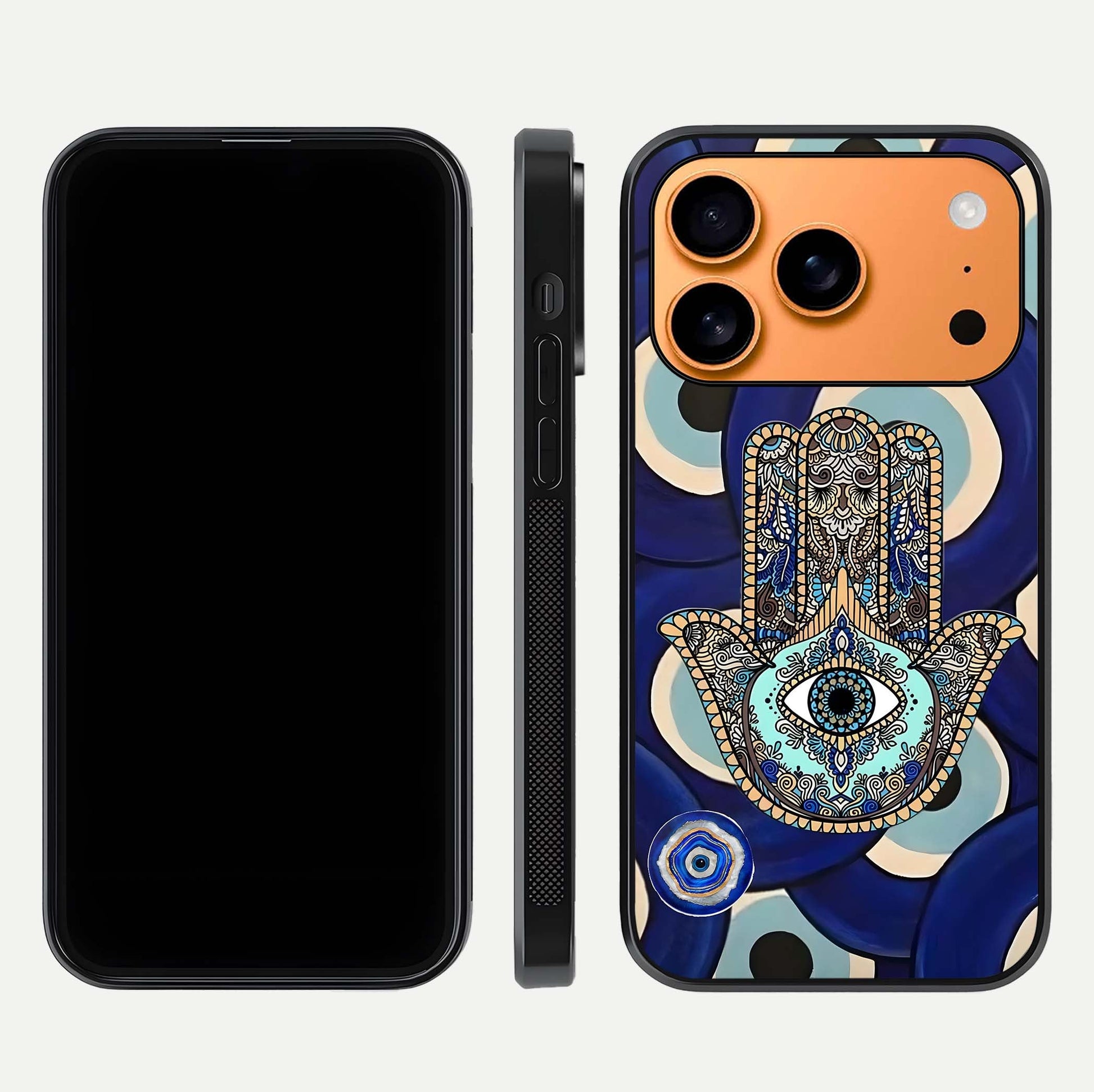Hamsa Divine Guard Glass Case for iPhone 17 Pro Max front and back view layout highlighting spiritual artwork and smooth edges