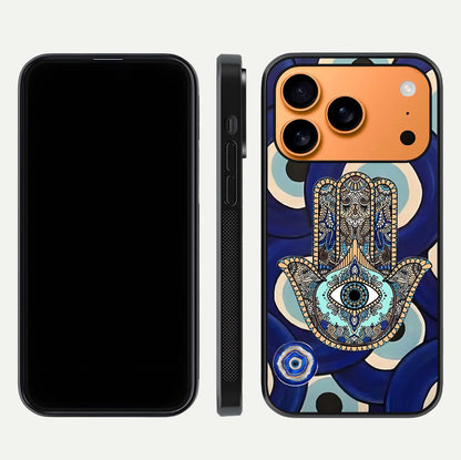 Hamsa Divine Guard Glass Case for iPhone 17 Pro Max front and back view layout highlighting spiritual artwork and smooth edges