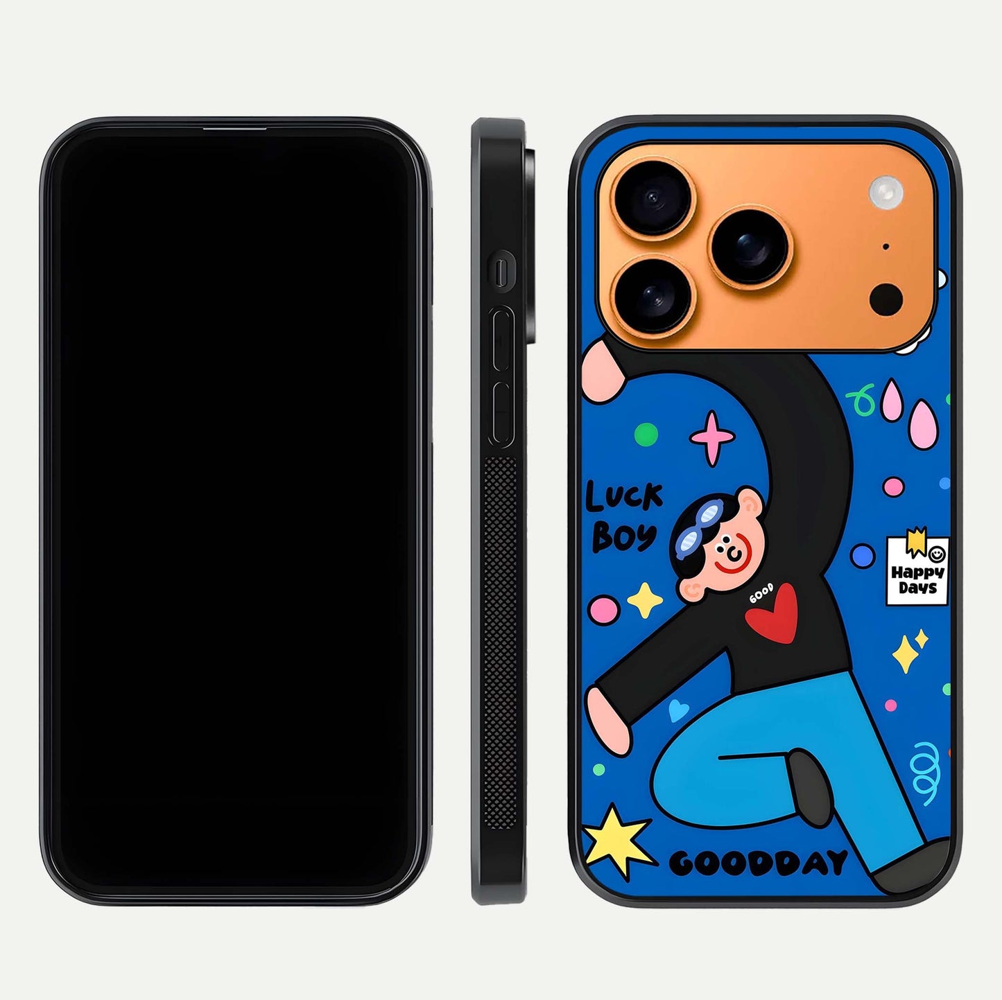 Happy Luck Vibe Glass Case for iPhone 17 Pro Max front and back view layout highlighting positive motif and curved edges