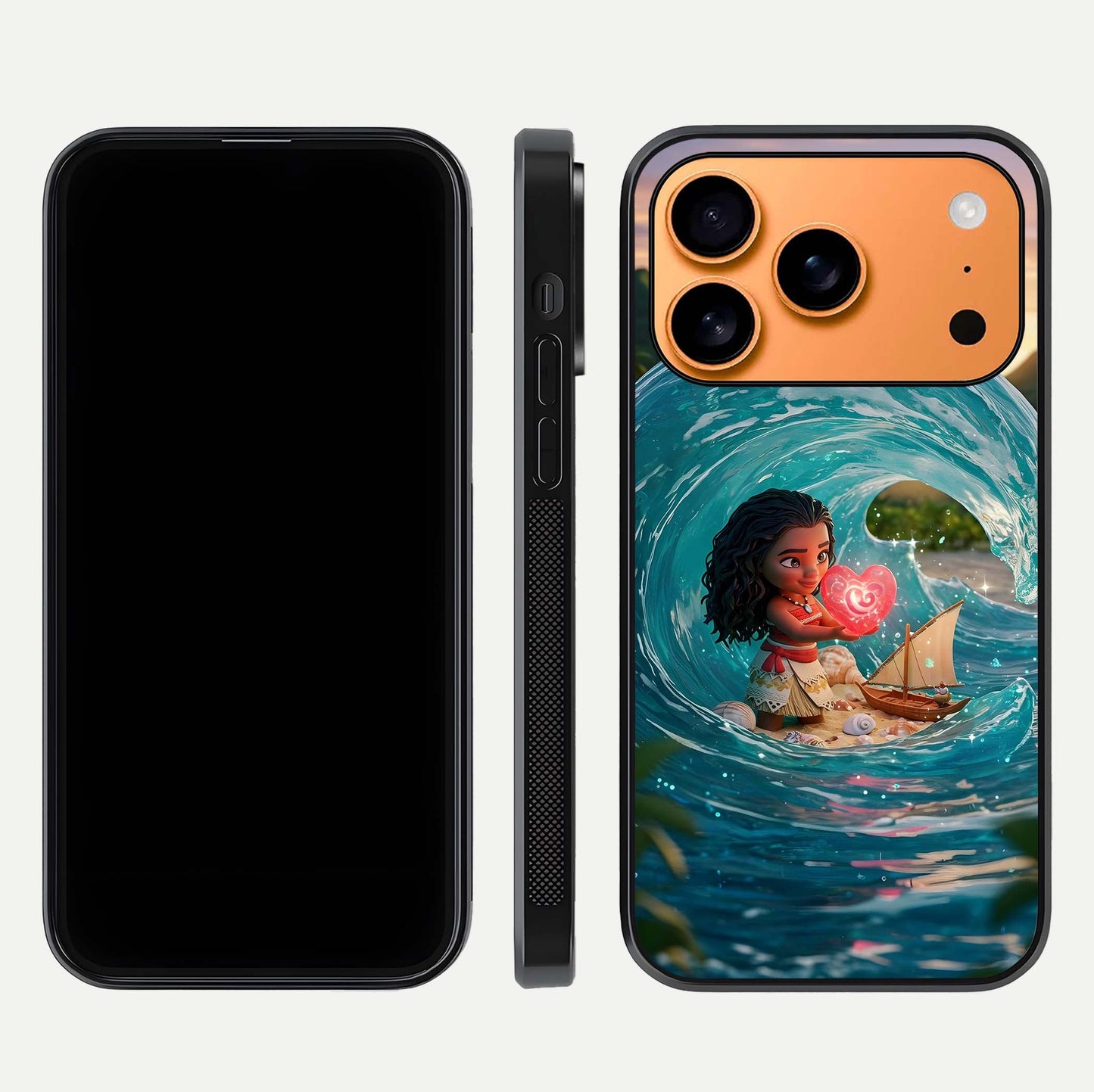 Heart of Ocean Glass Case for iPhone 17 Pro Max front and back view layout highlighting sea-themed art and curved glass edges
