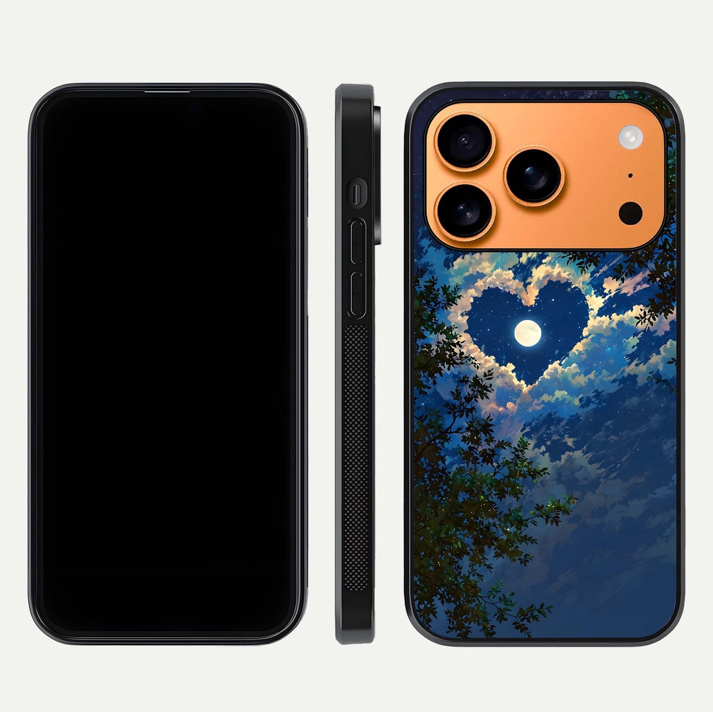 Heart with Moon Sky Glass Case for iPhone 17 Pro Max front and back view layout displaying celestial tones and curved glass