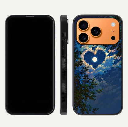 Heart with Moon Sky Glass Case for iPhone 17 Pro Max front and back view layout displaying celestial tones and curved glass