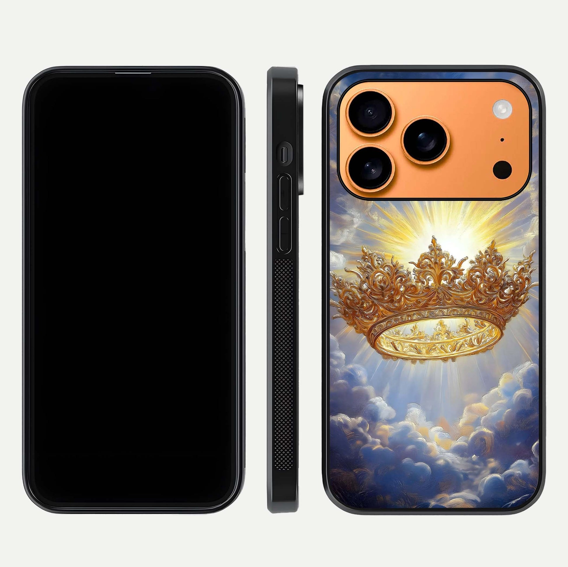 Heavenly Crown Light Glass Case for iPhone 17 Pro Max front and back view layout highlighting golden aura tones and curved glass edges