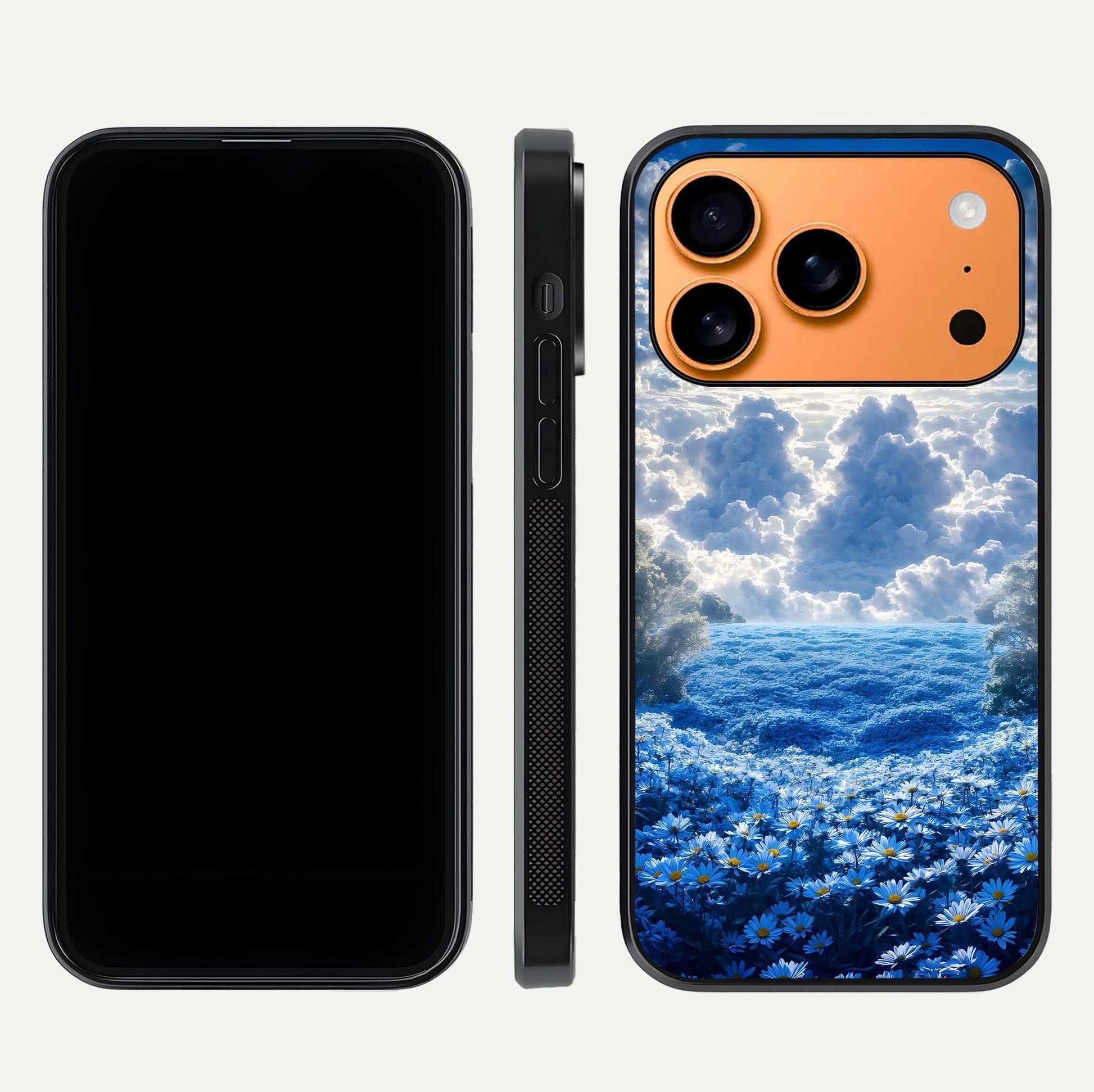 Heavenly Daisy Horizon Glass Case for iPhone 17 Pro Max front and back view layout highlighting floral field tones and curved edges