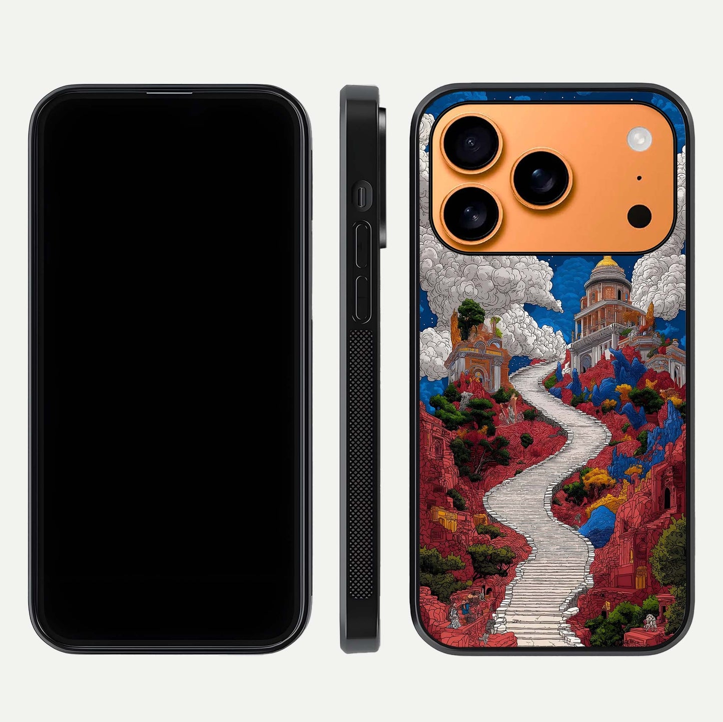Heavenly Moon Path Glass Case for iPhone 17 Pro Max front and back view layout displaying night sky tones and curved glass edges